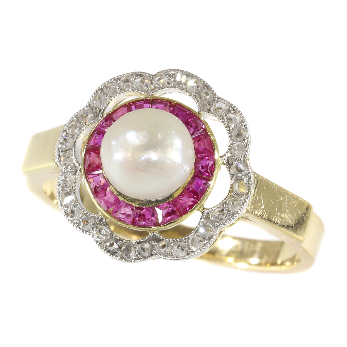 Most charming Art Deco engagement ring with rubies rose cut diamonds and a pearl
